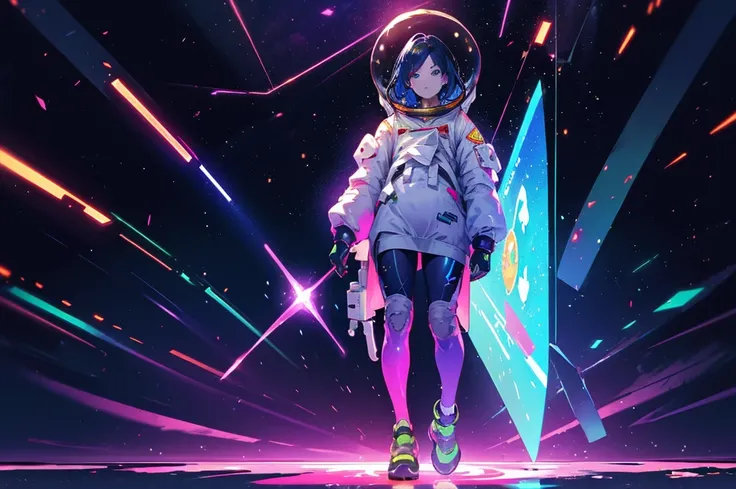 (astronaut:1.3), walking on a mystic forest, masterpiece, best quality, glowing, (glow:1.2), (liquid:1.2),colorful,  shiny, shiny hair, shiny skin, shiny clothes,fantasy, horizon, 1 girl,Solo Full Body Shot,