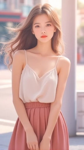 Top quality, 1 beautiful woman, long Hair, brown hair, wearing Camisole & skirt, shy-smile, Sunlight, at street highest quality、A beautiful woman、Long Hair、Brown Hair、Wearing a camisole and skirt、Shy laugh、Nikko lighting、The background is the cityscape

