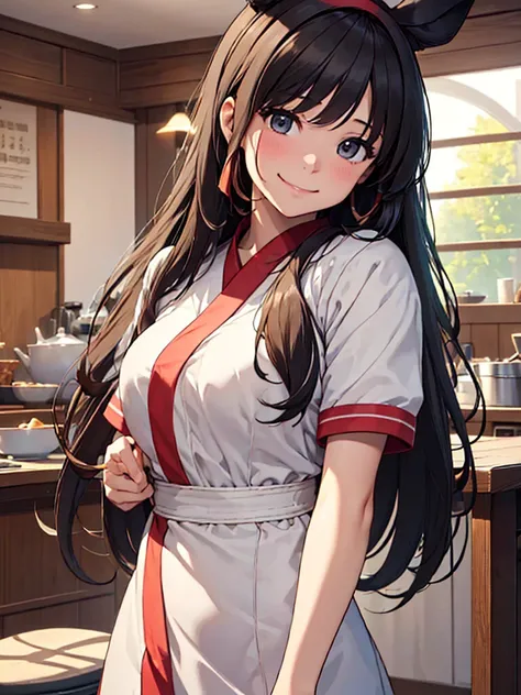 (​masterpiece、top-quality、hight resolution、Unity 8k、extremely details CG:1,Best Picture), ((horse ears, horse girl, hair band, hed ribbon)), 1girl, Create an image of the same woman working in a one-on-one service setting, now interacting with a regular cu...