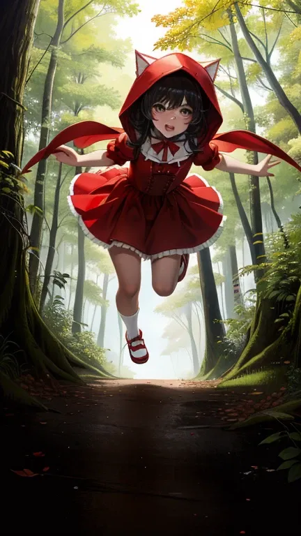 Little Red Riding Hood in a cat costume、Running from the depths of the forest