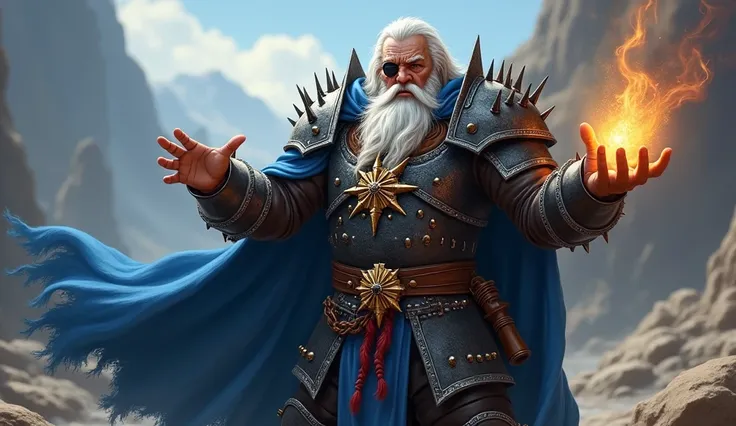 male, dwarf, (Masterpiece 1.5, intense details)cleric, paladin, (Masterpiece 1.5, intense details), casting a spell (Masterpiece 1.3, intense details),wearing heavy black armor with spikes (Masterpiece 1.2, intense details), wearing an eye patch, blue cloa...