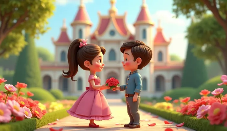 Ek khubsurat mahal ke bahar ek khubsurat garden hai vahan shahzada aur shehzadi khade baten kar rahe hain shahzada shehzadi ko phool de raha hai 3D cartoon style