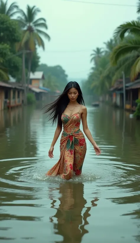 Beautiful Thai woman walks through flood water in Thailand. Clear picture. Movie.