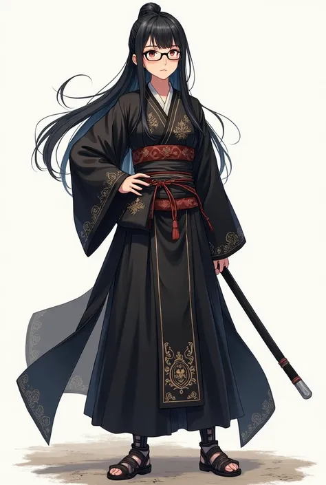 Anime Full body image of a petite, average looking woman had long black hair, was wearing a black warrior hanfu. She had glasses on her eyes