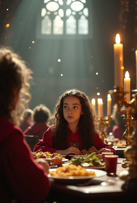 A  girl with dark brown curly hair and blue eyes who is sitting at the Hogwarts banquet wearing the Gryffindor robe (red),with food in front of her during the day