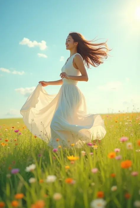 A beautiful woman running in a field wearing a flowing white skirt.