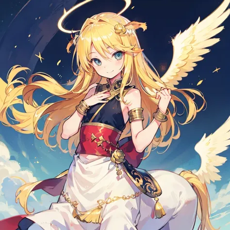 (angel centaur)、blonde、flat chest、neat clothes、golden bracelet、angel halo、angel wings、upper body center、smile