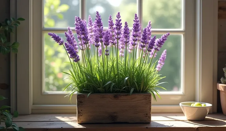 "A realistic image of a lavender plant in full bloom. The plant has tall, slender stems with clusters of vibrant purple flowers. The lavender is planted in a rustic, wooden pot sitting on a windowsill, with sunlight streaming in and casting soft shadows. T...