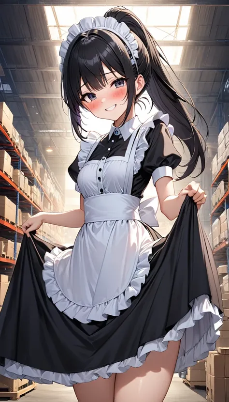 Best Quality, Great quality, 16k, Unbelievably absurd, Very detailed, delicate and dynamic, Create amazing image effects、receive、Embarrassed、smile、blush、(ponytail、Black Hair、cute、passion、dynamic、Maid uniform、stand、Lift up a long skirt、Pure white underwear、...