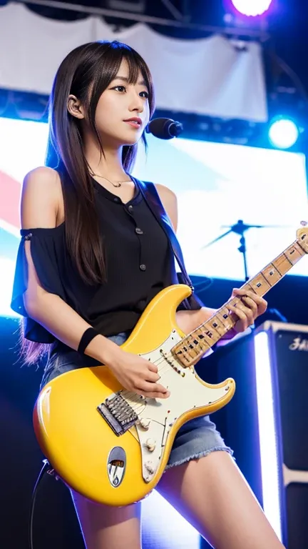 (Beautiful Japanese woman playing electric guitar on stage at an outdoor event)、Daytime outdoor live performance、Stratocaster、(Best Quality、8k、RAW Photos)、(Genuine:1.2) 、(2 Japanese beauty:1.2、Idol&#39;Face:1.3) 、((A tight T-shirt that accentuates large br...