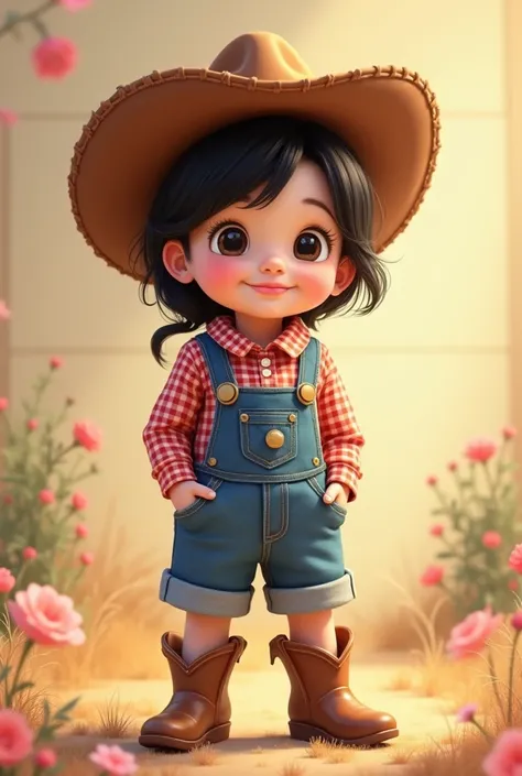 Two-year-old  with white skin and black hair dressed as a cowgirl who looks cute and comes out full-body and smiling in Disney format 