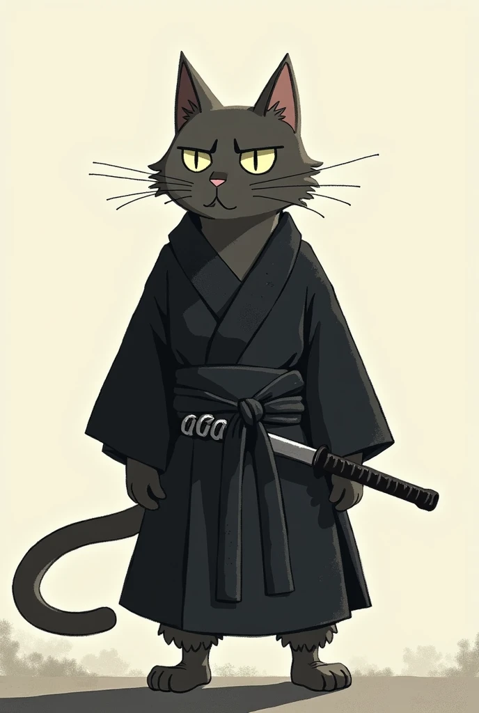 It&#39;s a very monotonous anime.　Make a cat a samurai　kimono　black　Big head　the body is elongated,