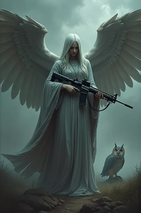 Angel of death with drone rifle and an owl with open wings behind
