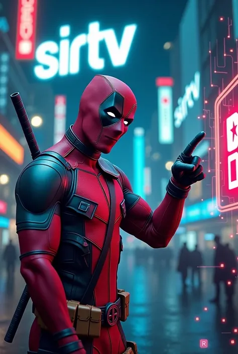 A photo of Deadpool pointing to the text “SIRTV” with the slogan “Indique 2 amigos e ganhe 1 mês grátis”. Deadpool is wearing a blue and red suit with black and white armor. The background is a technological city based on digital connections.