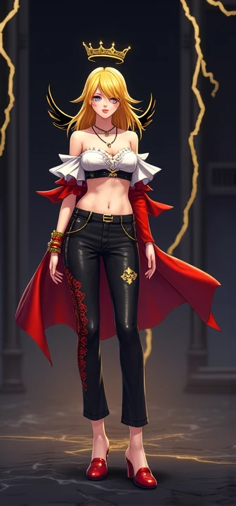 Free Fire game style female character, with loose, straight, yellow, almost golden hair, with a Dracula-like crown behind her hair, with a short strapless blouse in white and red with gold effects coming out of it, a wide, straight, red bracelet, a pair of...