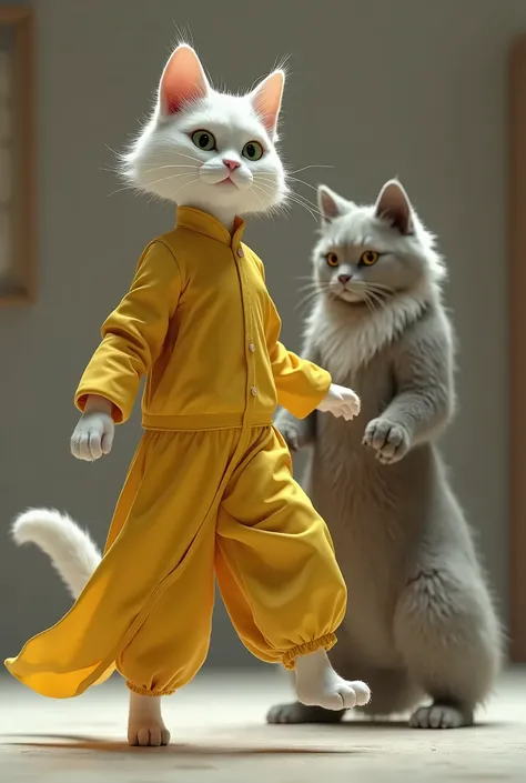 The Bride, the sleek white cat with sharp green eyes in her yellow jumpsuit, trains under the watchful eye of Master Pai Mei, a wise old tabby cat with silver fur. She practices with her katana, preparing for the final battle against Bill. Ultra-realistic ...