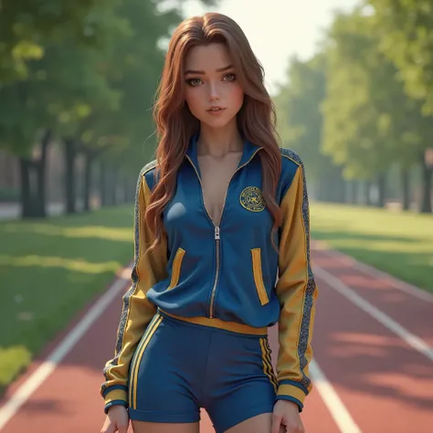 (best quality,4k,8k,highres,masterpiece:1.2),ultra-detailed, 1girl, Celtic Goddess Epona as a college student, jennao, Chestnut Brown hair, Hazel eyes, wearing blue track top with gold sleeves and blue thigh length track shorts with gold stripes, Flirting ...