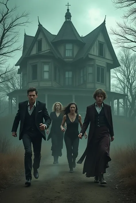 An image of 2 adult men and 2 adult women, leaving a dark, haunted house
