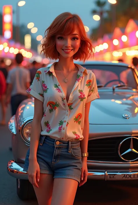 "A lively scene at a car event where a smiling woman with short auburn hair poses casually next to a vintage blue Mercedes-Benz 220. Her outfit—a playful white shirt adorned with colorful rainbow and flower prints—reflects a carefree and joyful spirit. Beh...