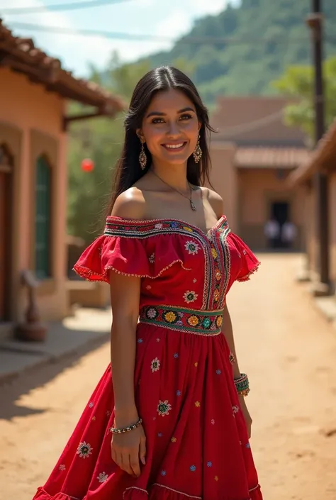 realistic photo, latina, women, brown hair, dark brown eyes, realistic, makeup and no filter and it should look like a real person, full body, mexican traditional dress, behind her small town in mexico,perfect face card, full body picture 