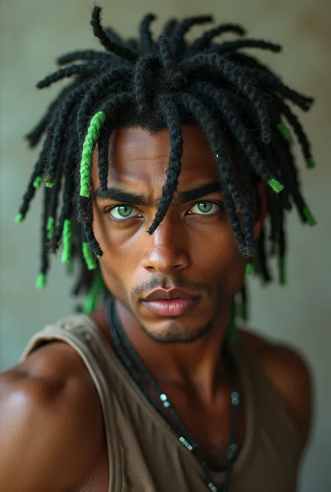 Short dreadlocks half black green eyes muscular gap-toothed young man 