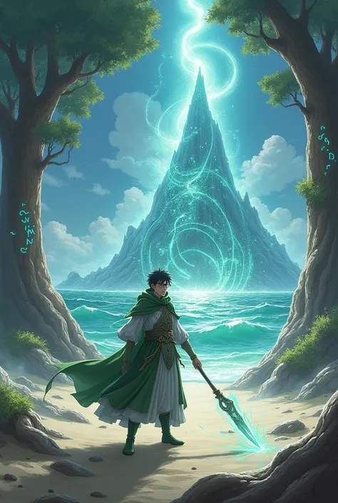  dramatic and intense battle scene in a mystical beach. The main character, Shiroe from Log Horizon, stands at the center, wearing his signature green white mage robe and wielding a large magical staff. His glasses reflect a strategic glint as he calculate...