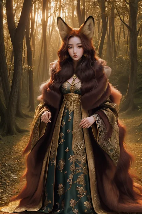 A regal fox wearing a luxurious velvet coat with intricate gold embroidery, standing on a forest path at dawn, soft morning light filtering through the trees, ultra-detailed fur texture, DSLR quality, with a whimsical and enchanting atmosphere