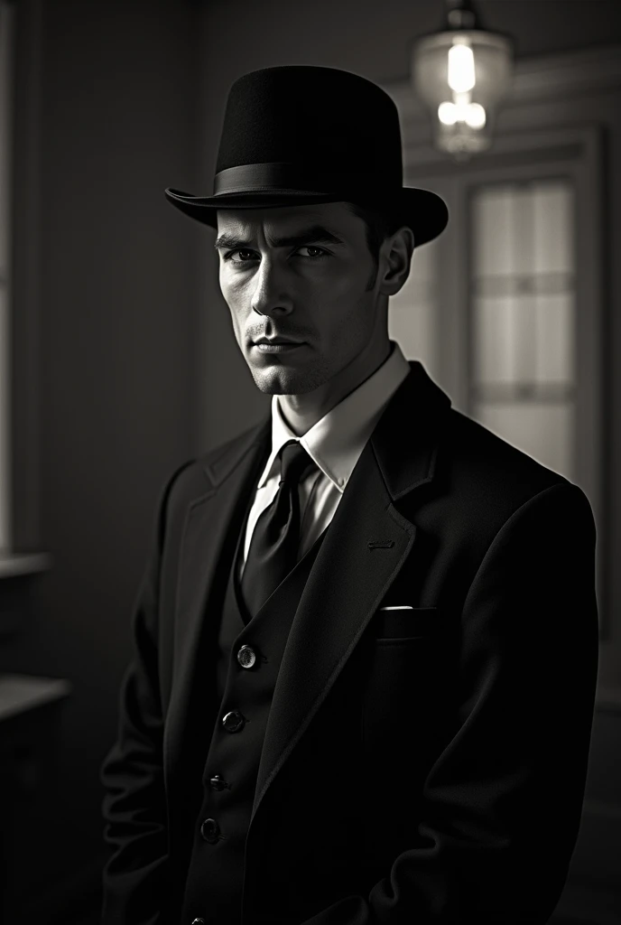 a man in a black suit with a black hat, detailed face, detailed eyes, detailed nose, detailed lips, vintage style, 1920s, black and white, cinematic lighting, dramatic shadows, old film grain, (best quality,4k,8k,highres,masterpiece:1.2),ultra-detailed,(re...