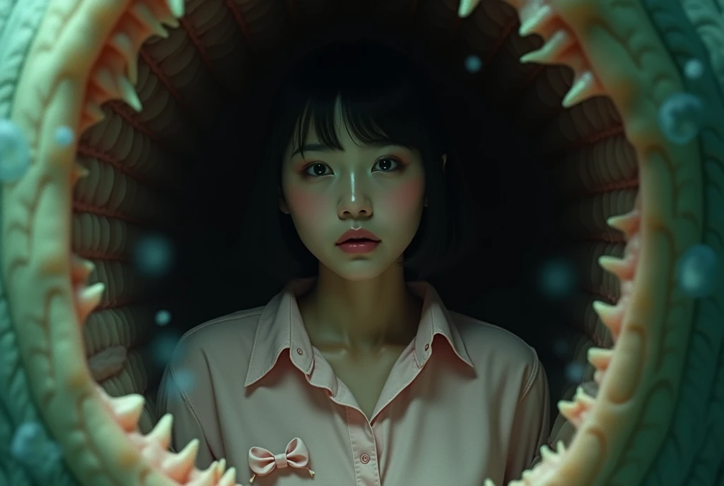 "A close-up of Mio Sato, a Japanese office woman with a semi-sheer pastel pink blouse, struggling inside the stomach of a massive creature. The environment is dark, with the walls of the stomach surrounding her, slightly translucent, showing the digestive ...