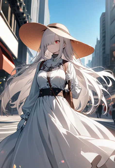 1lady,albino,white hair,straight long hair,hair over one eye,red eyes,large breasts,long sleeves,(white gloves),long skirt,sunshade hat,looking away,downtown