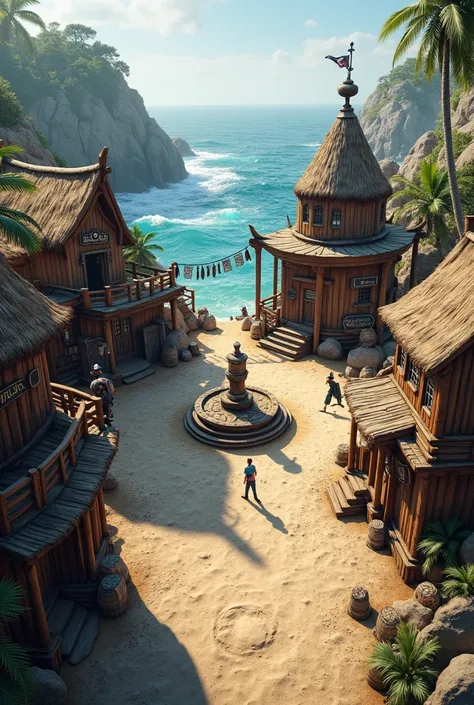 Create a realistic pirate village landscape that shows a pirate square with pirate elements but no people in the village.. Let it be a frontal perspective