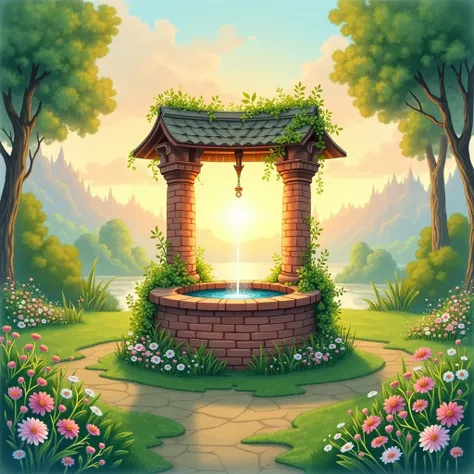 create an enchanted watercolor garden, with a brick water well in 3 columns high and delicate in soft colors, surrounded by grass, flowers and a beautiful sunset with a magical atmosphere, very soft colors in pastel tones, the green in various shades stand...