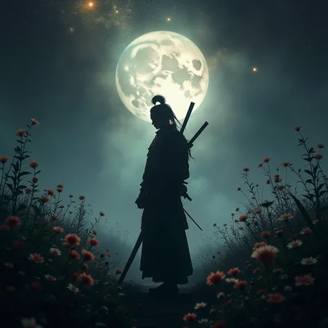 The silhouette of a samurai looking down as if lost in thought or meditation. That represents an important change in his life. Floral surroundings, dark nebula background, foggy environment, 8K, masterpiece, award winning, rococco lighting, extreme detail ...