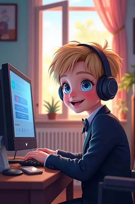 masterpiece, very high quality CG, best quality, perfect image, apartment room with open window, colorful, boy, beautiful and detailed eyes, beautiful lips, headphones, in front of a computer, blond, blue eyes, smile, looking at the computer with joy, wear...