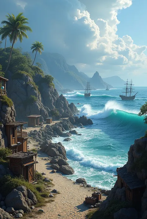 Create a Pritara village that shows a pirate wave with the sea in the background and pirate ships, but there are no people 