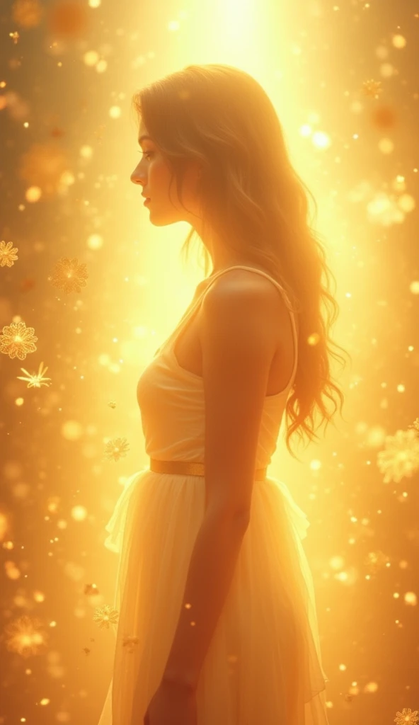 An abstract, semi-visible structure like a young healthy woman blurry face standing amidst a golden, radiant aura facing opposite the screen. The background is a blend of soft, warm hues—gold, amber, and subtle pinks—symbolizing purity and affection. The g...