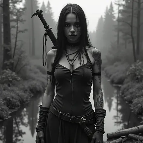 (b&w photo of a futuristic witches coven), (post apocalyptic background setting), (forested background) , (windy, grungy industrial, scary, horrific), face, half body, body, high detailed skin, skin pores, (simple handmade jewelry), horrific, mysterious, t...