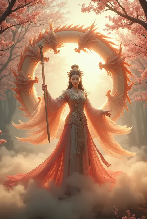 uhd,realistic, super model china beauty (big clear eye, golden ratio face,long hair,facing front,1girl,)
High priest is dancing dragon sword wear high priest detailed attire, with 9 colorful dragons forming a circle behind her body. the sky light is blowin...