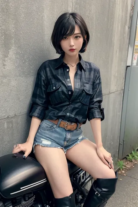 Cafe Racer,Riding a matte black motorcycle,Japanese girl with bob hair,((((Check shirt)))),Shorts,boots,Red Lip,Bangs down,(((Tuck out your shirt))),White T-shirt as innerwear