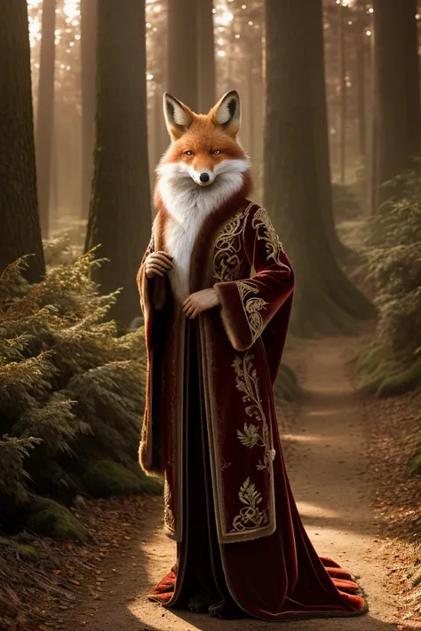 A regal fox wearing a luxurious velvet coat with intricate gold embroidery, standing on a forest path at dawn, soft morning light filtering through the trees, ultra-detailed fur texture, DSLR quality, with a whimsical and enchanting atmosphere