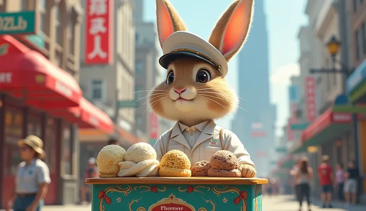 Create a realistic drawing of a rabbit wearing a typical white chocolate ice cream sellers outfit with a colorful ice cream cart in the middle of the city.