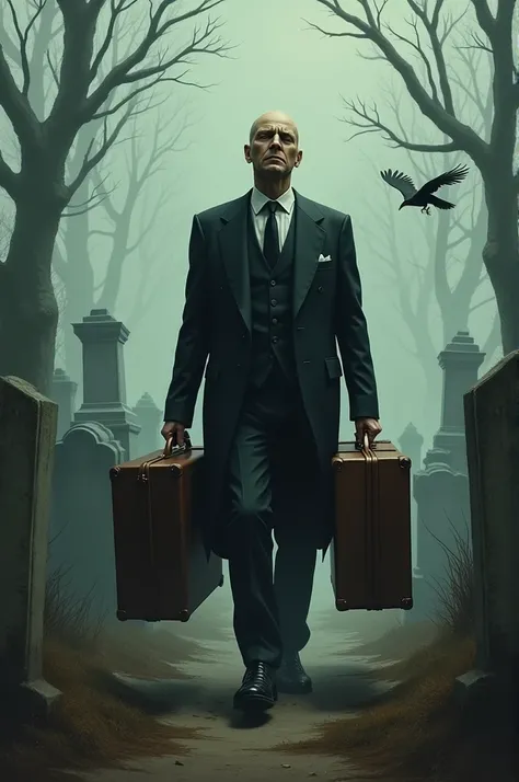 create an image of death in a cemetery and a sad rich man carrying suitcases of money towards his death