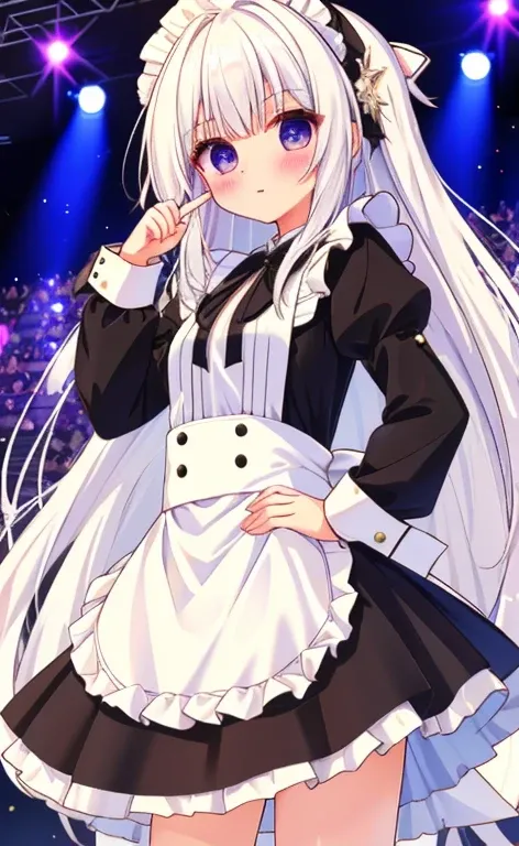 Beautiful long white hair　Girl in black maid outfit　Long skirt　Long sleeve　Place your left hand on your hip　Lean forward　Look at the audience　Cowboy Shot　Raise your right index finger