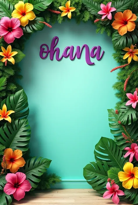 A photo wall with a green aqua background with tropical flowers around the word Ohana written in purple in the middle of the wall at the top