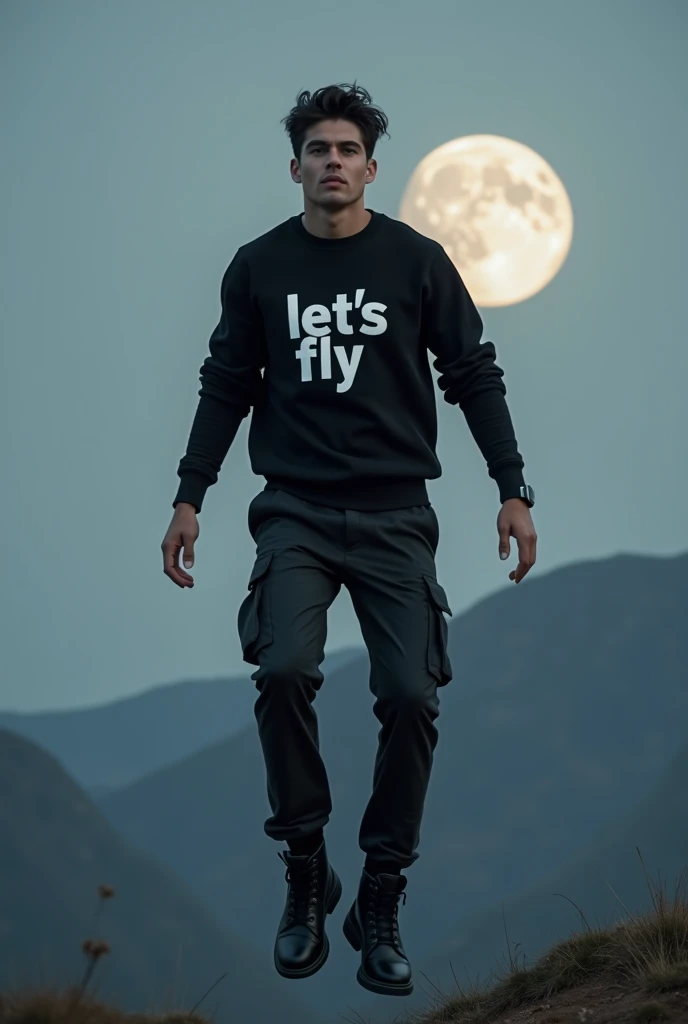 a handsome young man, white, wearing a black sweater with bold "LETS FLY" written in bright white, tight black cargo pants, black caterpillar boots, front view, hovering above the ground with legs together and straight, arms outstretched, background moonli...