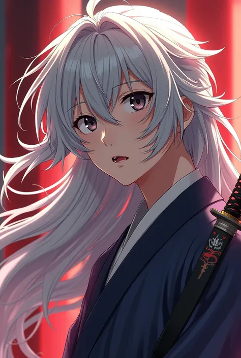 a detailed portrait of Sakata Gintoki, 1 anime character, detailed facial features, gorgeous long silver hair, piercing dark eyes, mischievous expression, casual samurai outfit with sword, studio lighting, vibrant colors, highly detailed, cinematic composi...