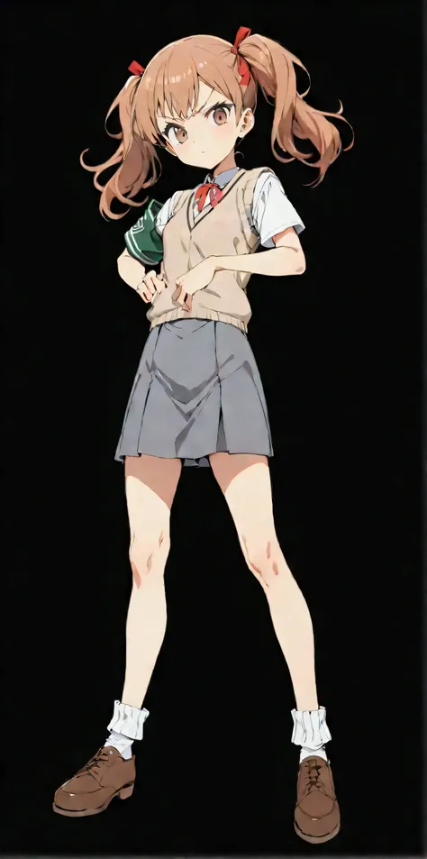 (best quality:1.3)、A Japanese female junior high school student、skinny body、Small breasts、Annoyed、(Brown pink hair with red ribbons in twin tails)、White short sleeve shirt、Camel-colored vest、(Green armband on right upper arm)、(gray Flared skirt)、(shoot fro...