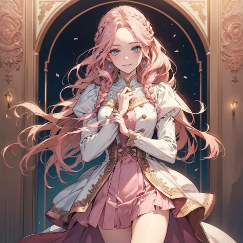 ((Masterpiece, Highest quality)), perfect anatomy, !!1 women!!, solo, Detailed face, !rose gold hair!, braided hair, light blue eyes, bodyesbian, Full of details, Highly detailed, Depth, Many parts, handsome, white and pink dresses, long sleeves top, short...