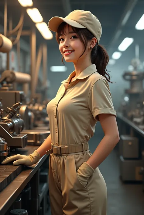 "A beautiful Japanese woman with brown hair, wearing a beige cap, a plain polo shirt, and oversized beige work pants, with a work belt tightly fastened around her waist. She is wearing work gloves as she skillfully operates machinery in a metal parts facto...