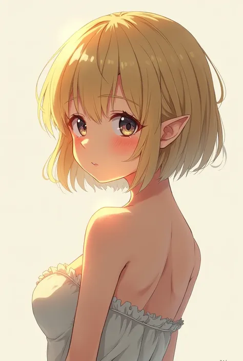 1 girl, Breasts, Blushing, Short hair, bang, blonde hair, simple background, bang на глаза, Pointed ears, back view, 